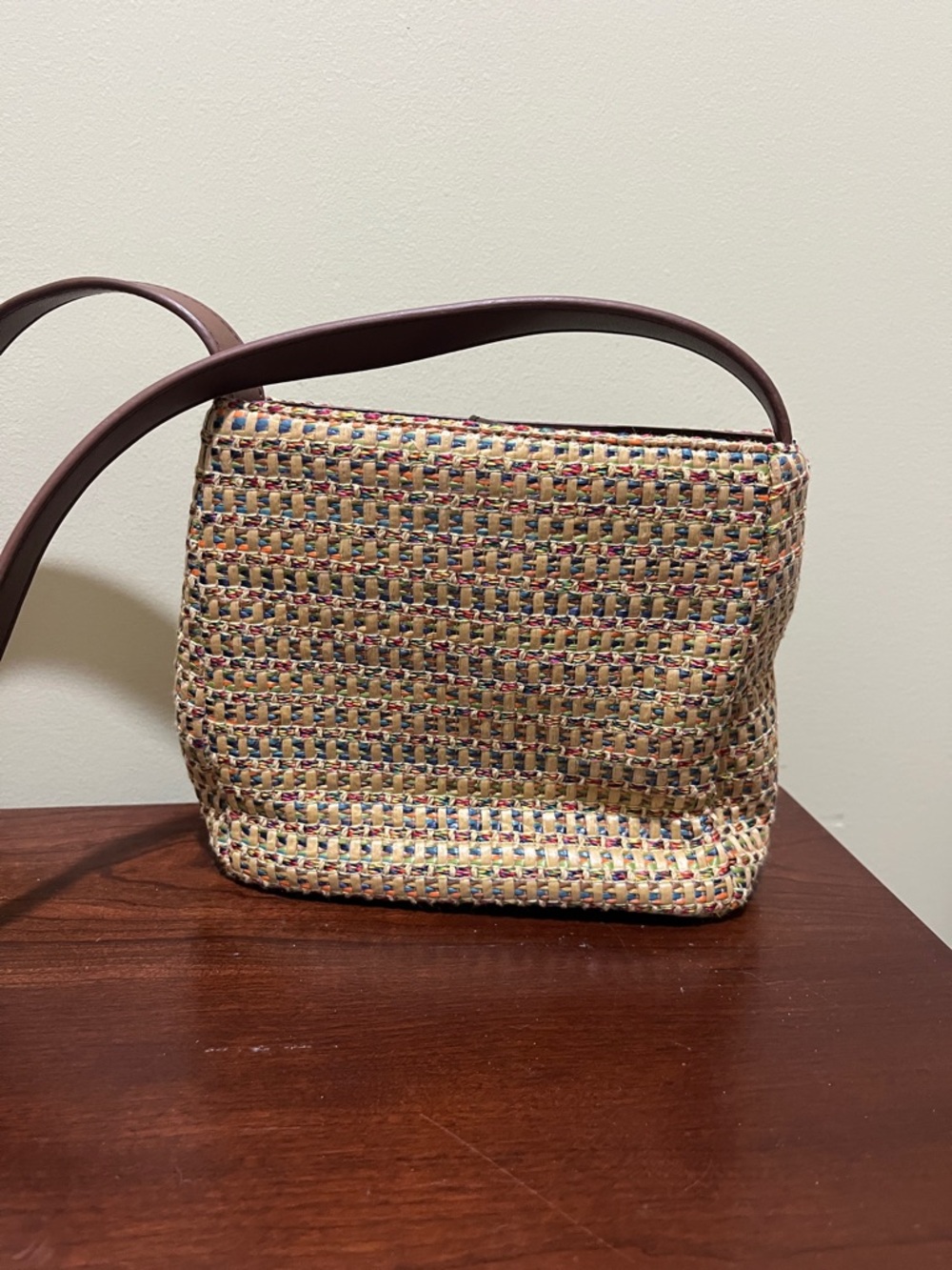 Vintage Fossil multicolor woven straw crossbody bag with brown leather trim